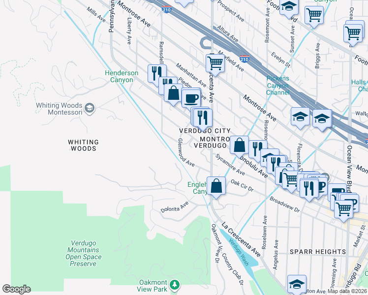 map of restaurants, bars, coffee shops, grocery stores, and more near 3708 Glenwood Avenue in Glendale