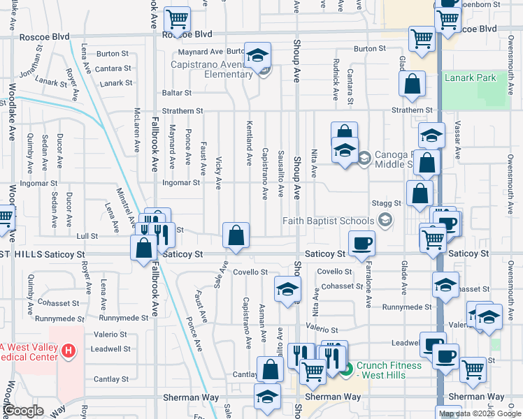 map of restaurants, bars, coffee shops, grocery stores, and more near 7711 Capistrano Avenue in Los Angeles