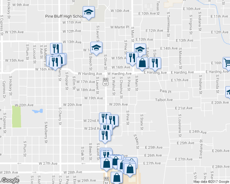 map of restaurants, bars, coffee shops, grocery stores, and more near 1903 South Walnut Street in Pine Bluff