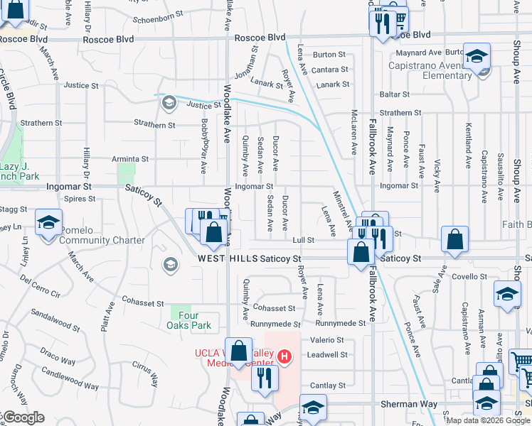 map of restaurants, bars, coffee shops, grocery stores, and more near 7707 Sedan Avenue in Los Angeles