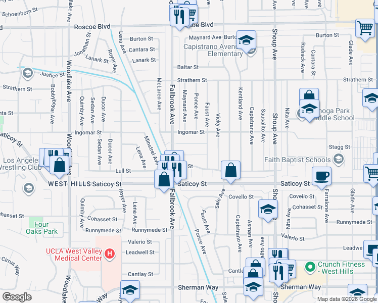 map of restaurants, bars, coffee shops, grocery stores, and more near 22715 Keswick Street in Los Angeles