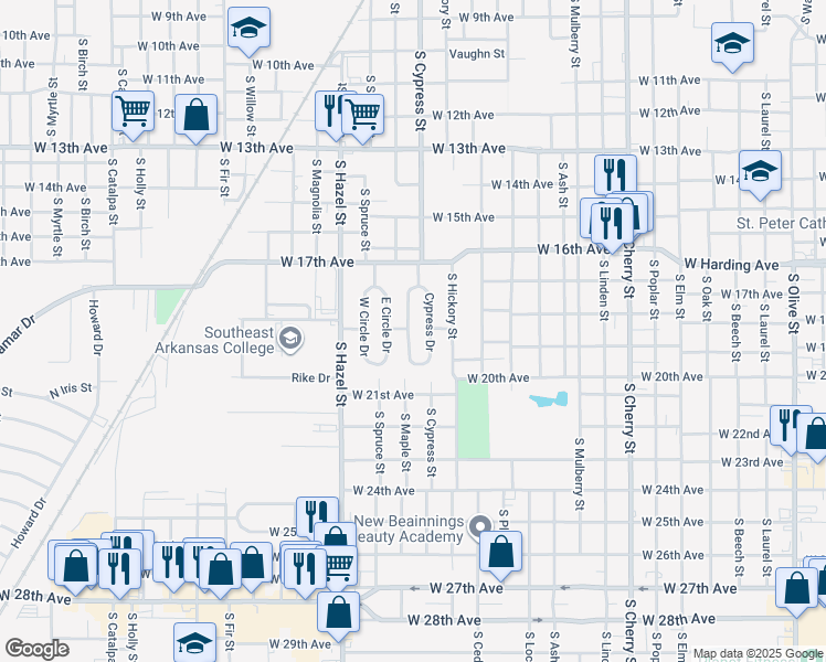 map of restaurants, bars, coffee shops, grocery stores, and more near 90 Cypress Drive in Pine Bluff