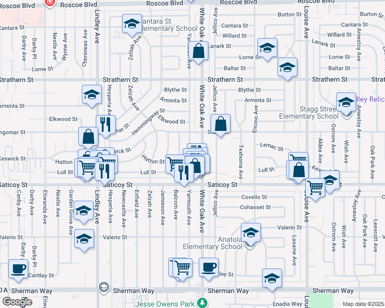 map of restaurants, bars, coffee shops, grocery stores, and more near 7712 Yarmouth Avenue in Los Angeles