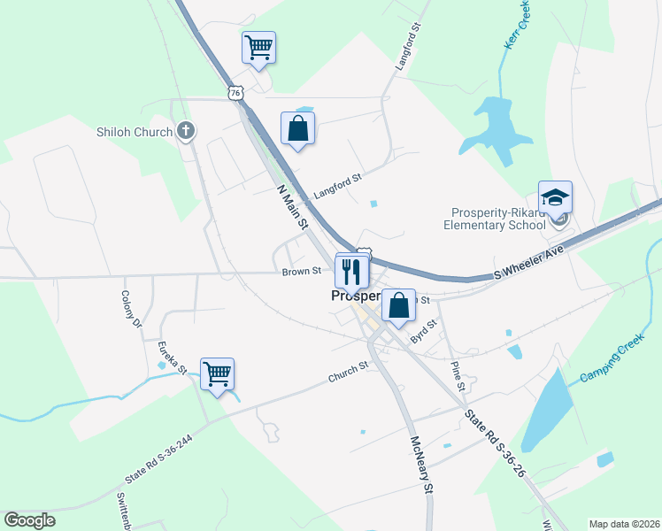 map of restaurants, bars, coffee shops, grocery stores, and more near 207 North Main Street in Prosperity