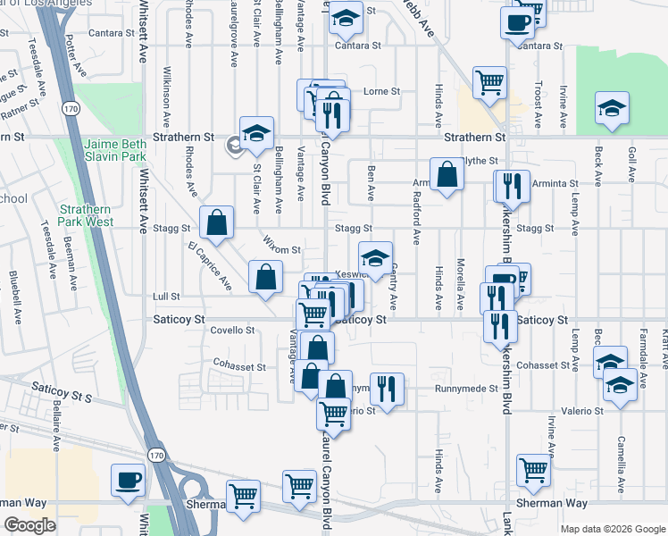 map of restaurants, bars, coffee shops, grocery stores, and more near 12045 Keswick Street in Los Angeles