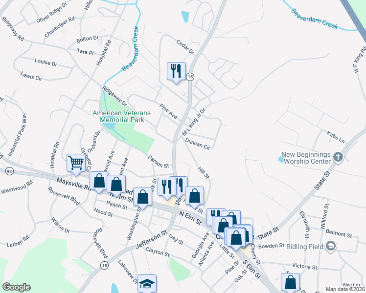 map of restaurants, bars, coffee shops, grocery stores, and more near 391 Hill Street in Commerce
