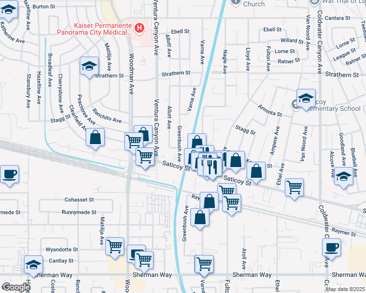map of restaurants, bars, coffee shops, grocery stores, and more near 7722 Greenbush Avenue in Los Angeles