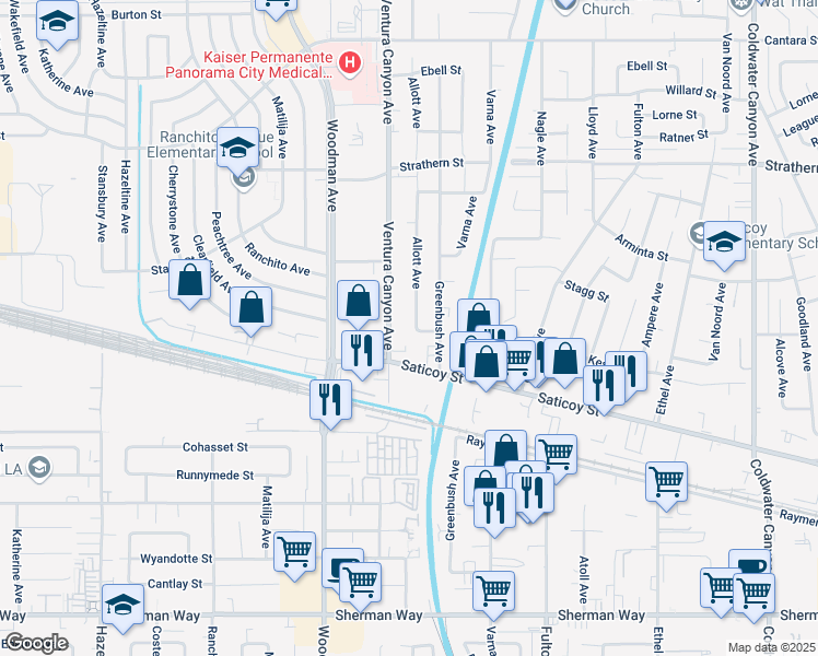 map of restaurants, bars, coffee shops, grocery stores, and more near 7719 Allott Avenue in Panorama City