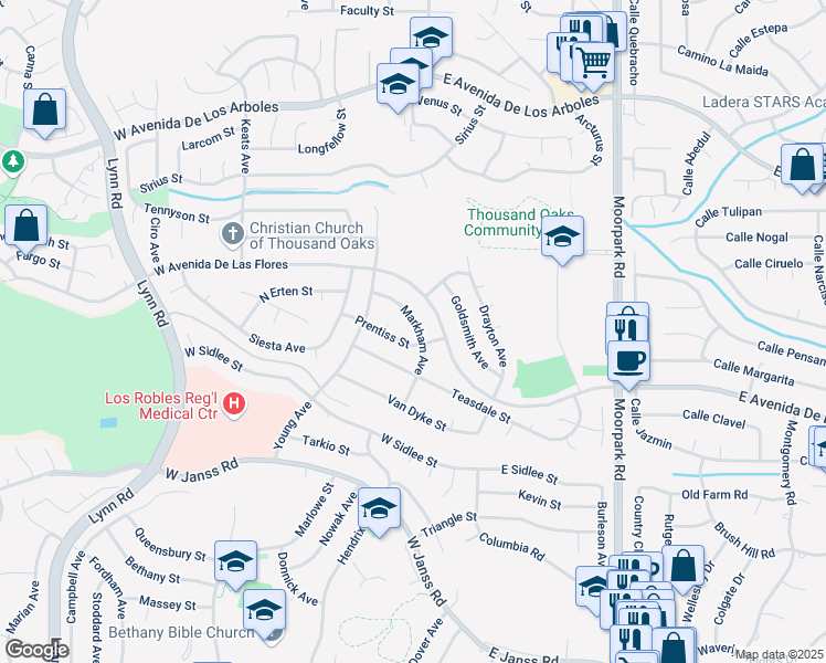 map of restaurants, bars, coffee shops, grocery stores, and more near 2325 Markham Avenue in Thousand Oaks