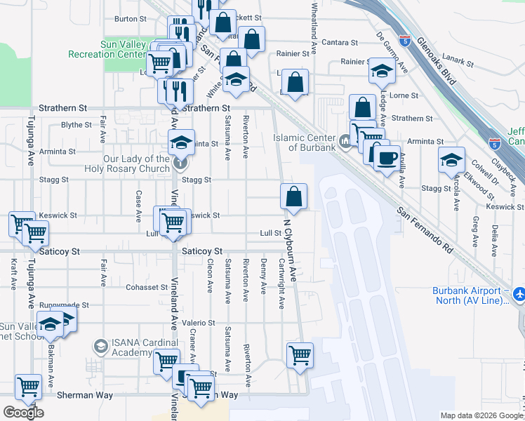 map of restaurants, bars, coffee shops, grocery stores, and more near 10739 Keswick Street in Los Angeles