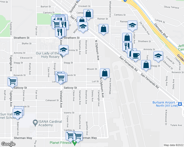 map of restaurants, bars, coffee shops, grocery stores, and more near 10739 Keswick Street in Los Angeles