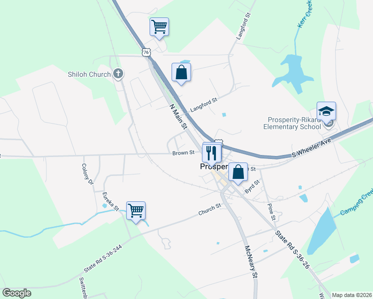 map of restaurants, bars, coffee shops, grocery stores, and more near 207 North Main Street in Prosperity