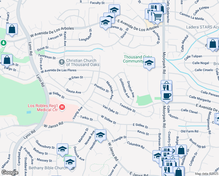 map of restaurants, bars, coffee shops, grocery stores, and more near 2325 Markham Avenue in Thousand Oaks