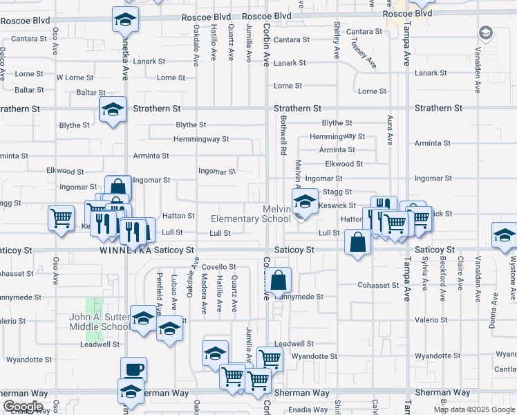 map of restaurants, bars, coffee shops, grocery stores, and more near 19714 Stagg Street in Los Angeles