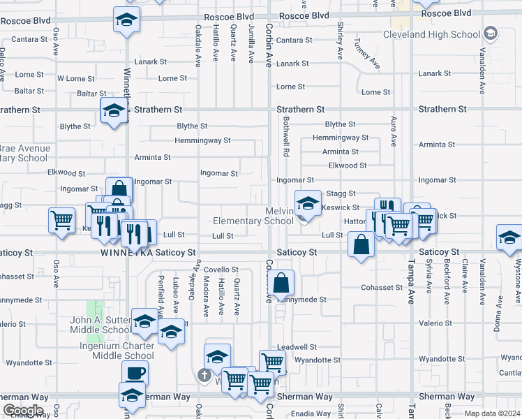 map of restaurants, bars, coffee shops, grocery stores, and more near 19714 Stagg Street in Los Angeles