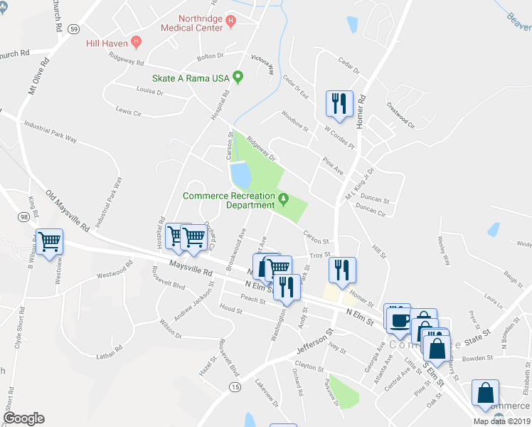 map of restaurants, bars, coffee shops, grocery stores, and more near 265 Carson Street in Commerce