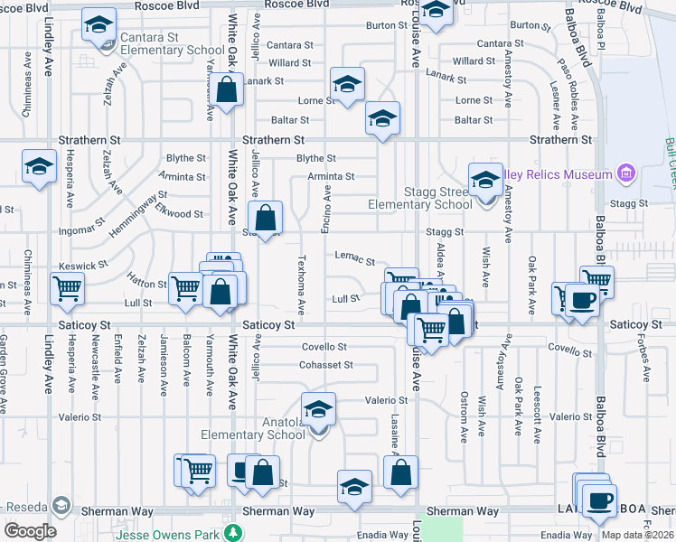 map of restaurants, bars, coffee shops, grocery stores, and more near 17449 Keswick Street in Los Angeles