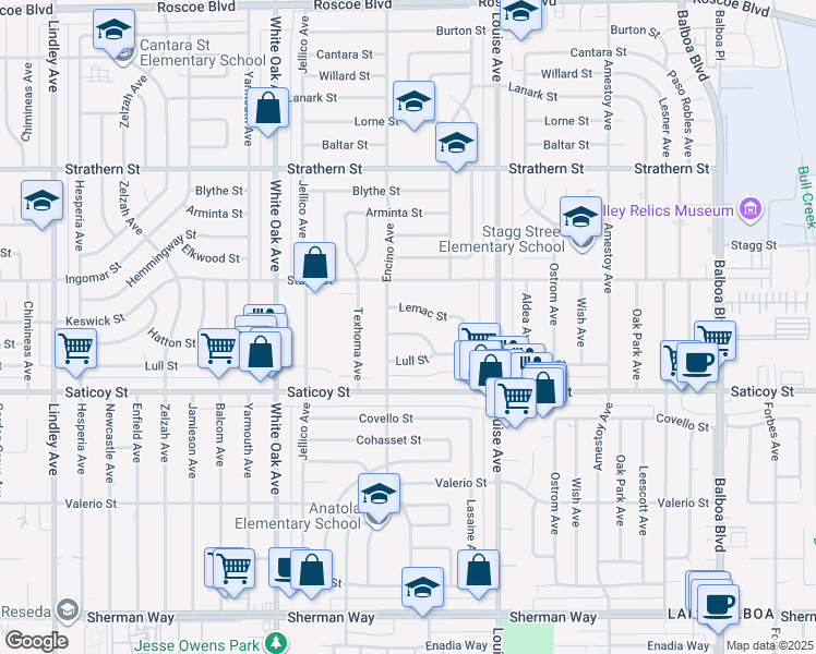 map of restaurants, bars, coffee shops, grocery stores, and more near 17443 Keswick Street in Los Angeles