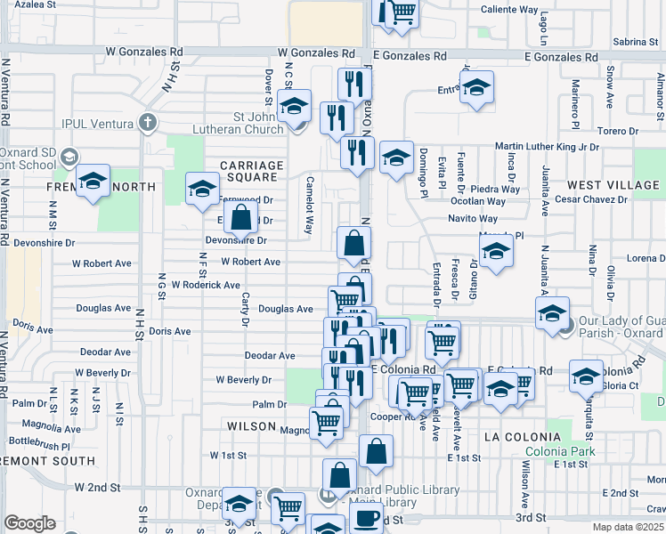 map of restaurants, bars, coffee shops, grocery stores, and more near 839 North A Street in Oxnard