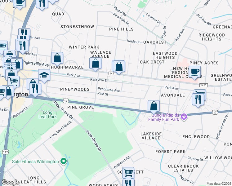 map of restaurants, bars, coffee shops, grocery stores, and more near 5021 Pine Street in Wilmington