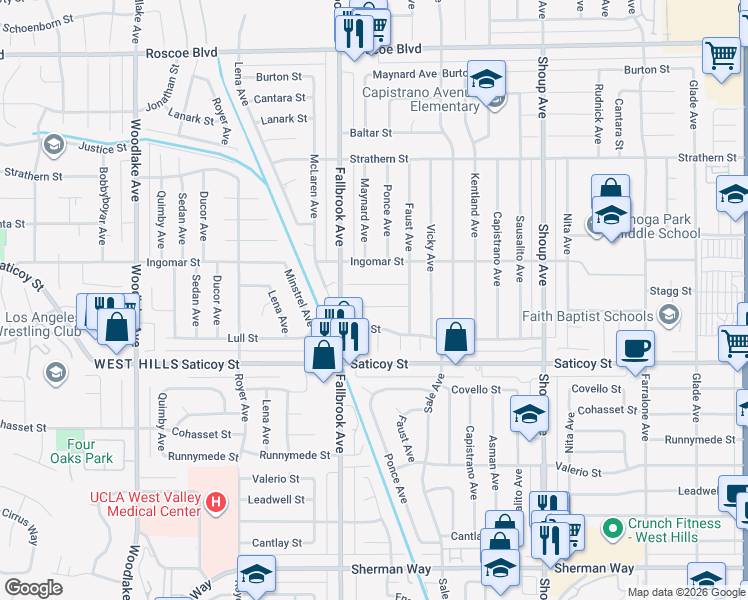 map of restaurants, bars, coffee shops, grocery stores, and more near 22715 Keswick Street in Los Angeles