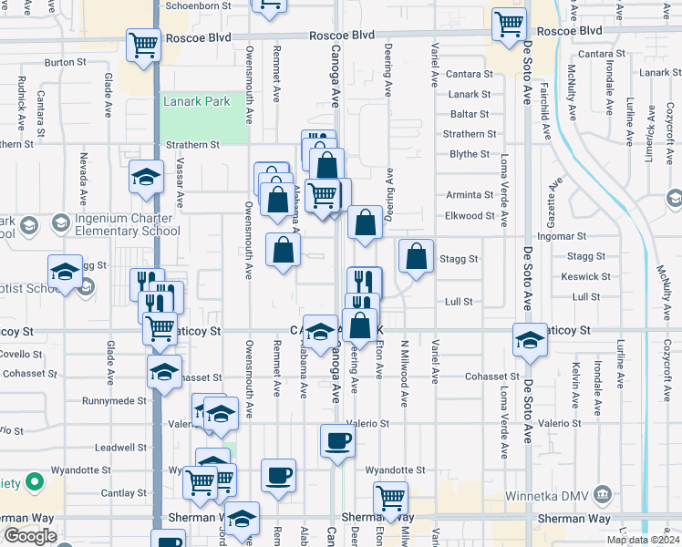 map of restaurants, bars, coffee shops, grocery stores, and more near 32 Orange Line Pedestrian and Bike Path in Los Angeles