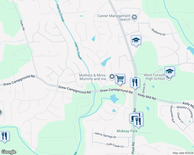 map of restaurants, bars, coffee shops, grocery stores, and more near 3585 Davyne Bend in Cumming
