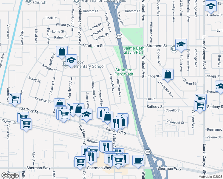 map of restaurants, bars, coffee shops, grocery stores, and more near 7707 Teesdale Avenue in Los Angeles