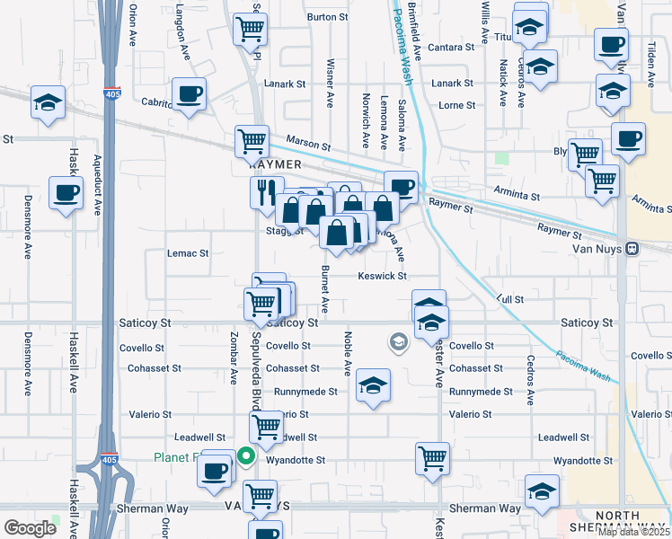 map of restaurants, bars, coffee shops, grocery stores, and more near 15117 Keswick Street in Los Angeles