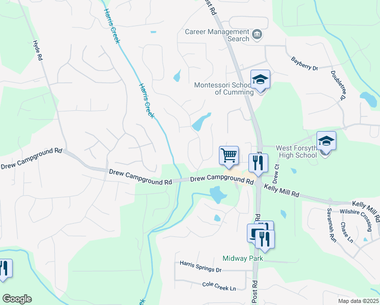 map of restaurants, bars, coffee shops, grocery stores, and more near 3580 Davyne Bend in Cumming