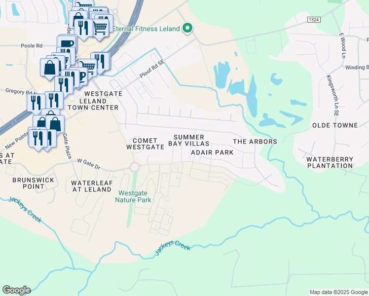 map of restaurants, bars, coffee shops, grocery stores, and more near 3735 Summer Bay Trail in Leland