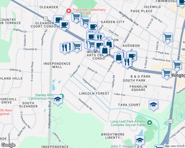 map of restaurants, bars, coffee shops, grocery stores, and more near 1706 Copley Road in Wilmington