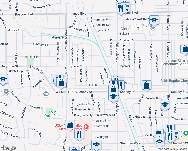 map of restaurants, bars, coffee shops, grocery stores, and more near 7712 Royer Avenue in Los Angeles