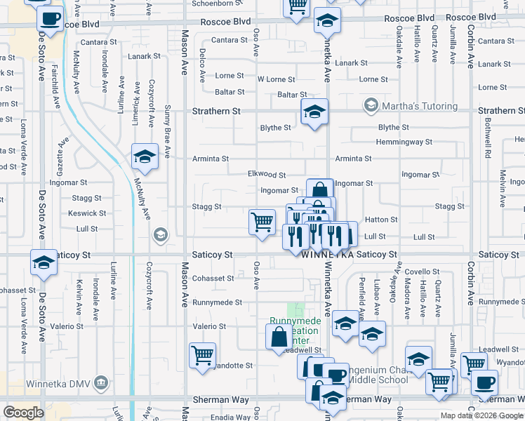 map of restaurants, bars, coffee shops, grocery stores, and more near 20254 Stagg Street in Los Angeles