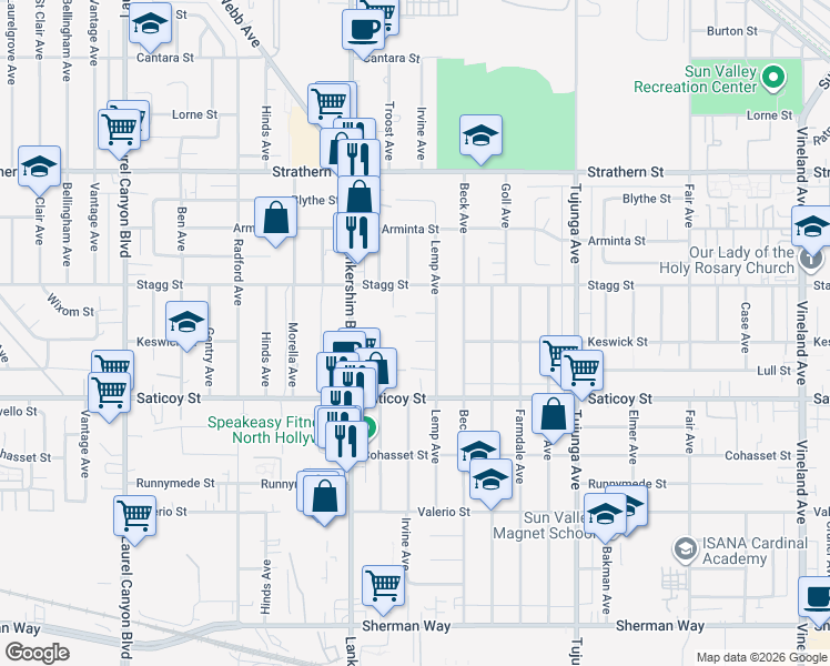 map of restaurants, bars, coffee shops, grocery stores, and more near 11621 Keswick Street in Los Angeles