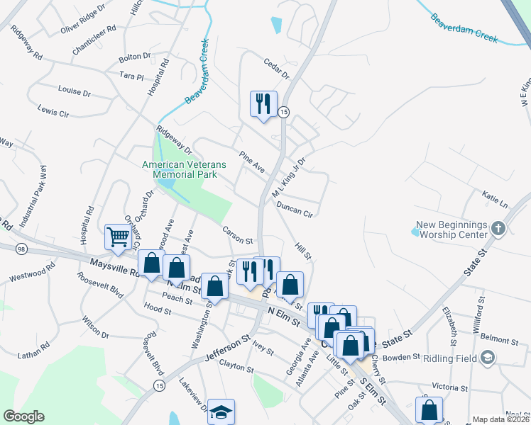 map of restaurants, bars, coffee shops, grocery stores, and more near 391 Hill Street in Commerce