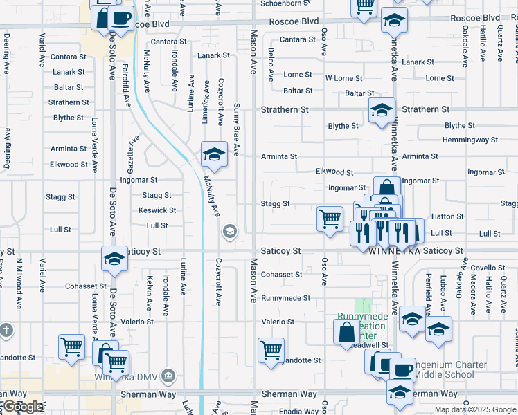 map of restaurants, bars, coffee shops, grocery stores, and more near 7712 Mason Avenue in Los Angeles