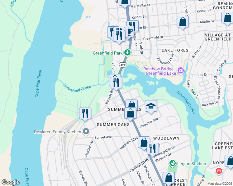 map of restaurants, bars, coffee shops, grocery stores, and more near 1756 Carolina Beach Road in Wilmington