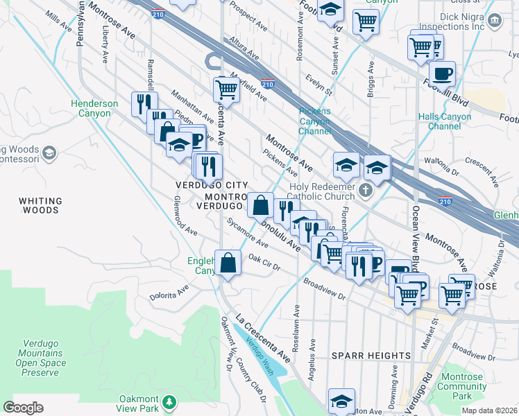 map of restaurants, bars, coffee shops, grocery stores, and more near 3810 Pleasure Way in Glendale