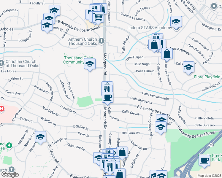 map of restaurants, bars, coffee shops, grocery stores, and more near 415 Calle Jazmin in Thousand Oaks