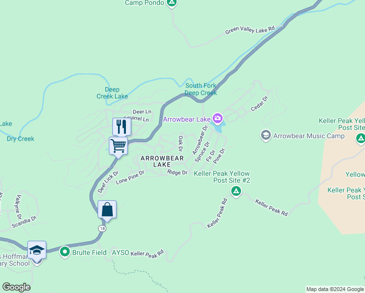 map of restaurants, bars, coffee shops, grocery stores, and more near 2361 Oak Drive in Big Bear