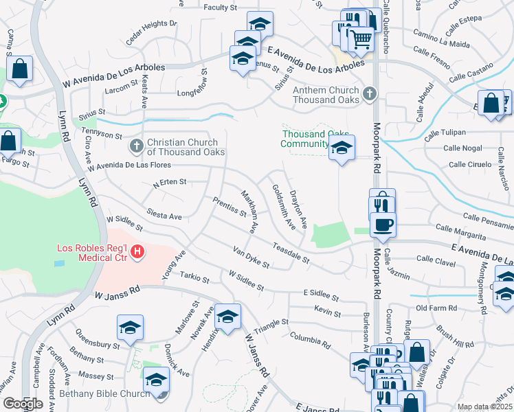 map of restaurants, bars, coffee shops, grocery stores, and more near 2324 Markham Avenue in Thousand Oaks