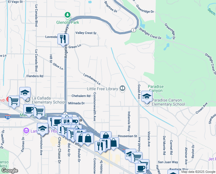 map of restaurants, bars, coffee shops, grocery stores, and more near 5023 Oakwood Avenue in La Cañada Flintridge