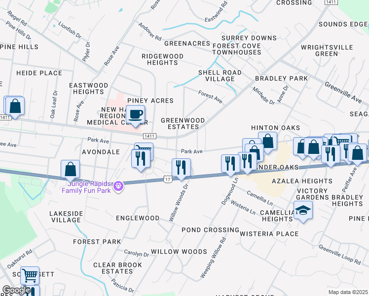 map of restaurants, bars, coffee shops, grocery stores, and more near 5431 River to the Sea Bikeway in Wilmington
