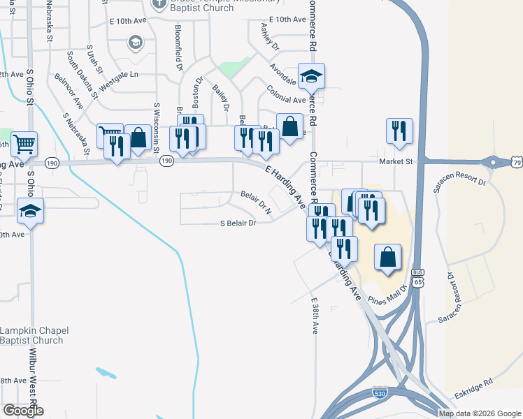 map of restaurants, bars, coffee shops, grocery stores, and more near 2804 Belair Drive North in Pine Bluff