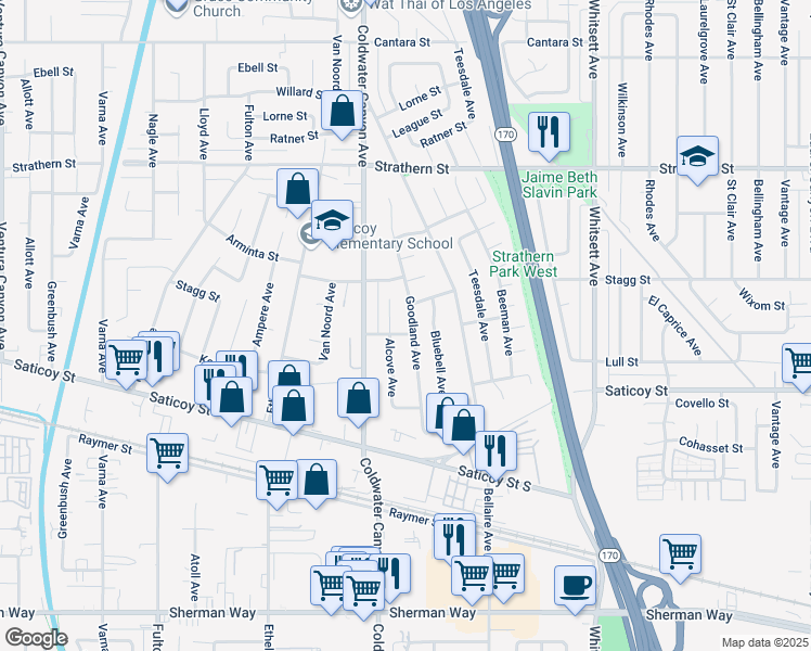map of restaurants, bars, coffee shops, grocery stores, and more near 7709 Goodland Avenue in Los Angeles