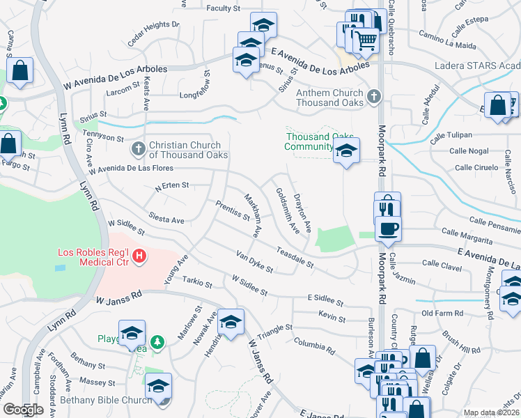 map of restaurants, bars, coffee shops, grocery stores, and more near 2324 Markham Avenue in Thousand Oaks