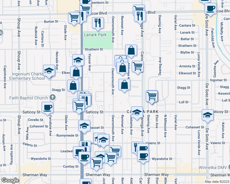 map of restaurants, bars, coffee shops, grocery stores, and more near 7716 Owensmouth Avenue in Los Angeles