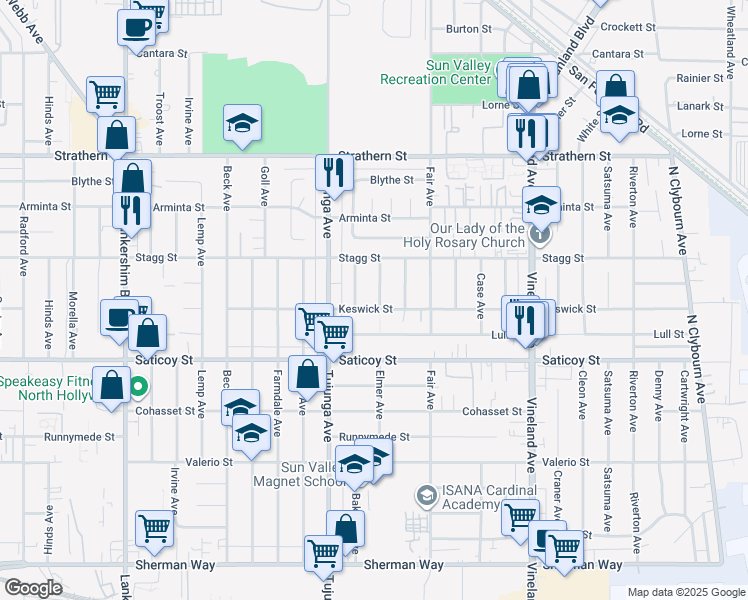 map of restaurants, bars, coffee shops, grocery stores, and more near 7707 Elmer Avenue in Los Angeles