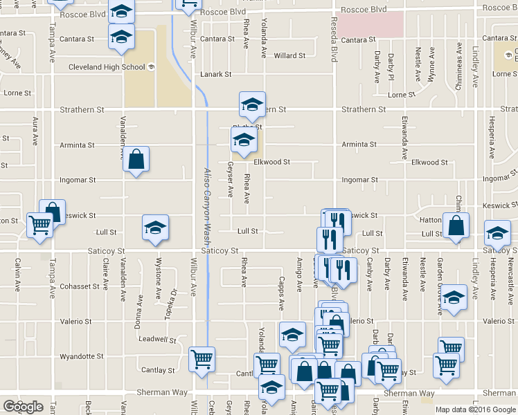 map of restaurants, bars, coffee shops, grocery stores, and more near 7719 Yolanda Avenue in Los Angeles